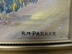 R M Parker: Oil on board of a thatched cottage with stream to foreground, together with two further