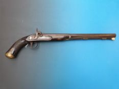 A very large percussion pistol converted from flintlock, with brass mounts, gold inlay, vacant