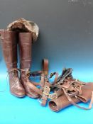 A quantity of WWI era boots etc to include officer's boots, cavalry boots, spurs, horse harness,