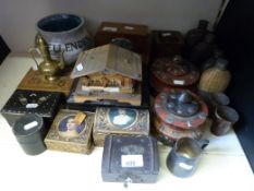 Mixed treen including oak electric clock, Japanese lacquer box etc