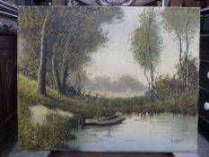 An oil on canvas of a punt on a river, indistinctly signed 'Verheul'