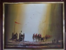 Two oils on canvas one of a battle scene, the other of ships