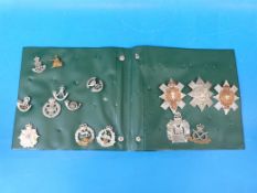A collection of military cap badges including South Staffordshire, East Lancashire, Border
