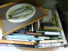 A quantity of fishing books including early editions, together with a coloured antique engraving of
