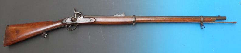 A percussion rifle marked to the lock possibly Enfield 1828 but indistinct.