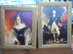 A large ornate framed picture of a well dressed lady in period dress together with another of a
