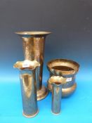 A Chinese brass umbrella or stick stand, two shell cases with Chinese decoration and a brass