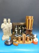 Two Ronson lighters, miniature four-fold screen, two tapered pots, Oriental style chess set and two
