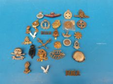 A mahogany box with military badges, Observer Corps, medallions etc