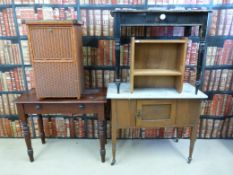 A marble topped washstand, two sidetables, Lloyed loom style bedside cabinet and a small shelf unit