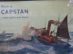 A Wills Capstan advertising print of a steam tug boat at sea, in original frame (overall size 50 x