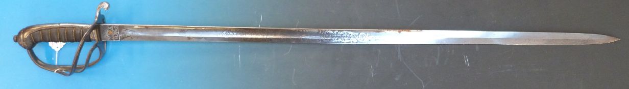A circa early/mid-19thC sword with leather and wire bound grip, the engraved blade marked