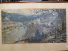 Coloured engraving Salzburg with city and river