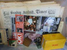 A quantity of ephemera and collectables to include modern newspapers from key events, maps, playing