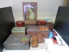 Collection of wooden boxes, leather covered box, tortoiseshell, cigarette cards and coins, Dinky