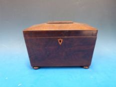 Mahogany sarcophagus-shaped tea caddy with satinwood inlay to lock and turned ivory handles, raised