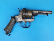 A Belgian 9mm pinfire revolver stamped Riva Ulisse Lecco with gold wire inlay and carved grip