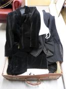 A collection of vintage clothing including Austin Reed dinner jacket, trousers, velvet suit, tails,