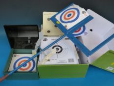 A large collection of air rifle targets to include one with metal catcher and one free standing