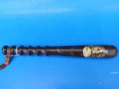 A wooden truncheon with G R cipher and coat of arms (possibly Birmingham) in gilt, J. Hudson and Co