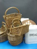 A collection of enamel kitchen ware and baskets