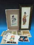 Helen McKie original artworks, W.H. Caffyn pen & ink portrait, framed illustration by Will Owen of