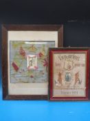 A framed and glazed WWI silk sampler with central photograph, flags etc 