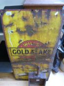 A vintage till, Wills Gold Flake enamel sign and a seed merchants shovel