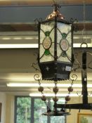 A Victorian hanging lamp from the Hitchin to London horse-drawn mail coach with stained glass