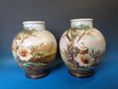 A pair of large 19thC / 20thC hand-painted  German vases decorated with woodland flowers (30cm