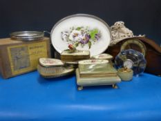 A quantity of treen items to include onyx ware, filigree brass dressing table set, lace, bakelite