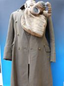 A Captain's army greatcoat for Royal Field Horse Artillery, gas mask and two bren gun ammunition