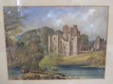 A watercolour of a derelict castle or church beside a river, together with a Nora Finestone