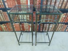 Two wirework bedside tables with glass tops and one other, tallest 76cm