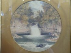 W Robinson: A pair of circular watercolours, one of figures beside a waterfall, the other a river