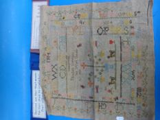 An 1838 sampler named Elizabeth Gransmore with pictorial centre and alphabet border, together with