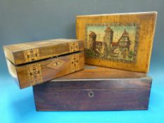 A rosewood brass-bound writing slope together with two jewellery boxes, one with Tunbridge Ware top