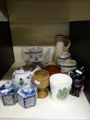 Two George Jones plates, two Wade sherry and gin barrels, Villeroy and Boch jug, Doulton beaker