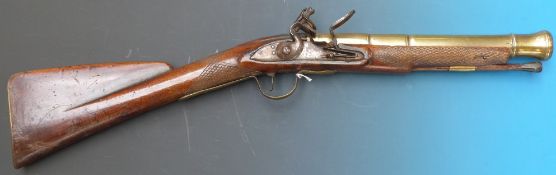 An R Clay of London brass barrelled flintlock blunderbuss C1800