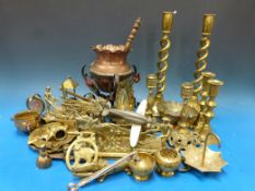 A 19thC brass open twist candlesticks and further brass ware