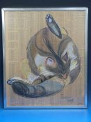A Joan Farley pastel of a cat in a yoga position, drawn on a page from the Financial Times