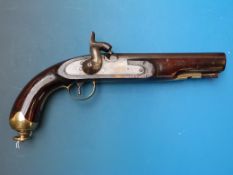 A percussion service pistol with brass mounts, dolphin hammer and captive ramrod c1840