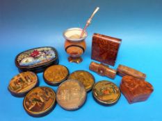 A collection of Victorian papier mache snuff boxes, treen snuff box (probably Georgian), modern