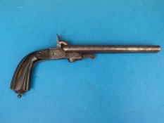 A 12mm double barrelled pinfire rifled pistol c1860 with ornate engraving, damascus barrels and