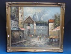Burnett oil on board street scene together with two scroll pictures
