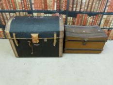 A dome-topped leather mounted travelling trunk together with a metal example
