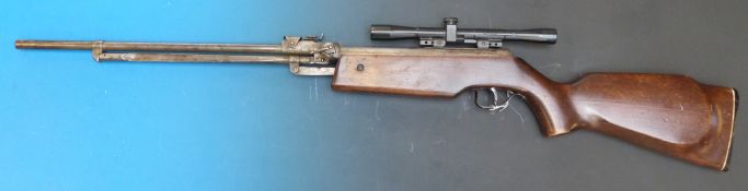 A Relum Tornado .22 under lever air rifle, serial number 10385, with BSA scope