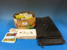 A collection of cigarette cards in boxes, WWI era embroidered silk cards and two vintage bags