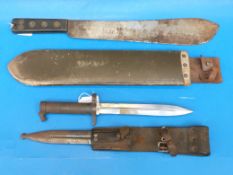 A sheathed bayonet with EJ, AB to blade and a sheathed machete