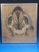 A Joan Farley pastel of cat cleaning itself, drawn on a page from the Financial Times